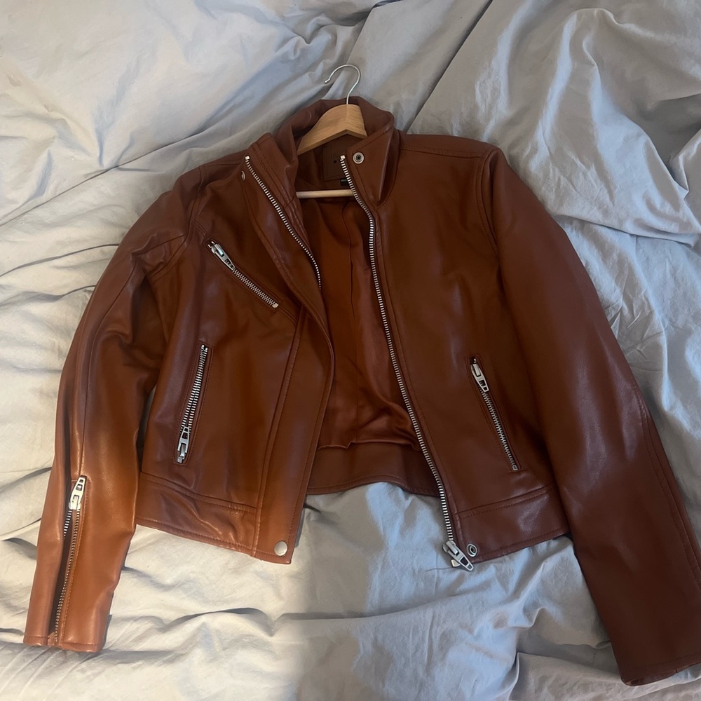 Brown Leather Motorcycle Jacket with Silver Zippers - Picture 1 of 4